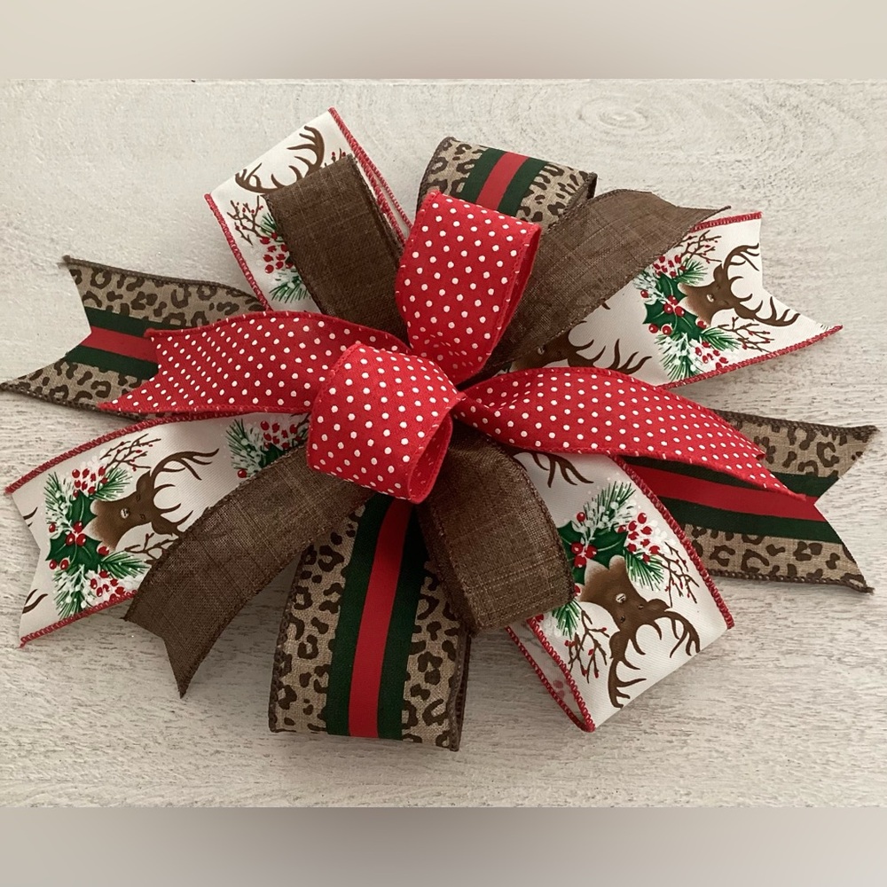 Leopard Red Xmas Deer Bow, Wreath Bow, Wreath Accent, Lantern Bow, & Winter Bow.